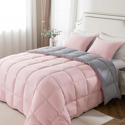 KASENTEX King Comforter Set – Reversible Dual Color – Goose Down Alternative – Ultra-Soft, Lightweight, Machine Washable, Maintain Fluffiness, All Season Warmth (Pink Potpourri/Quartz Silver)