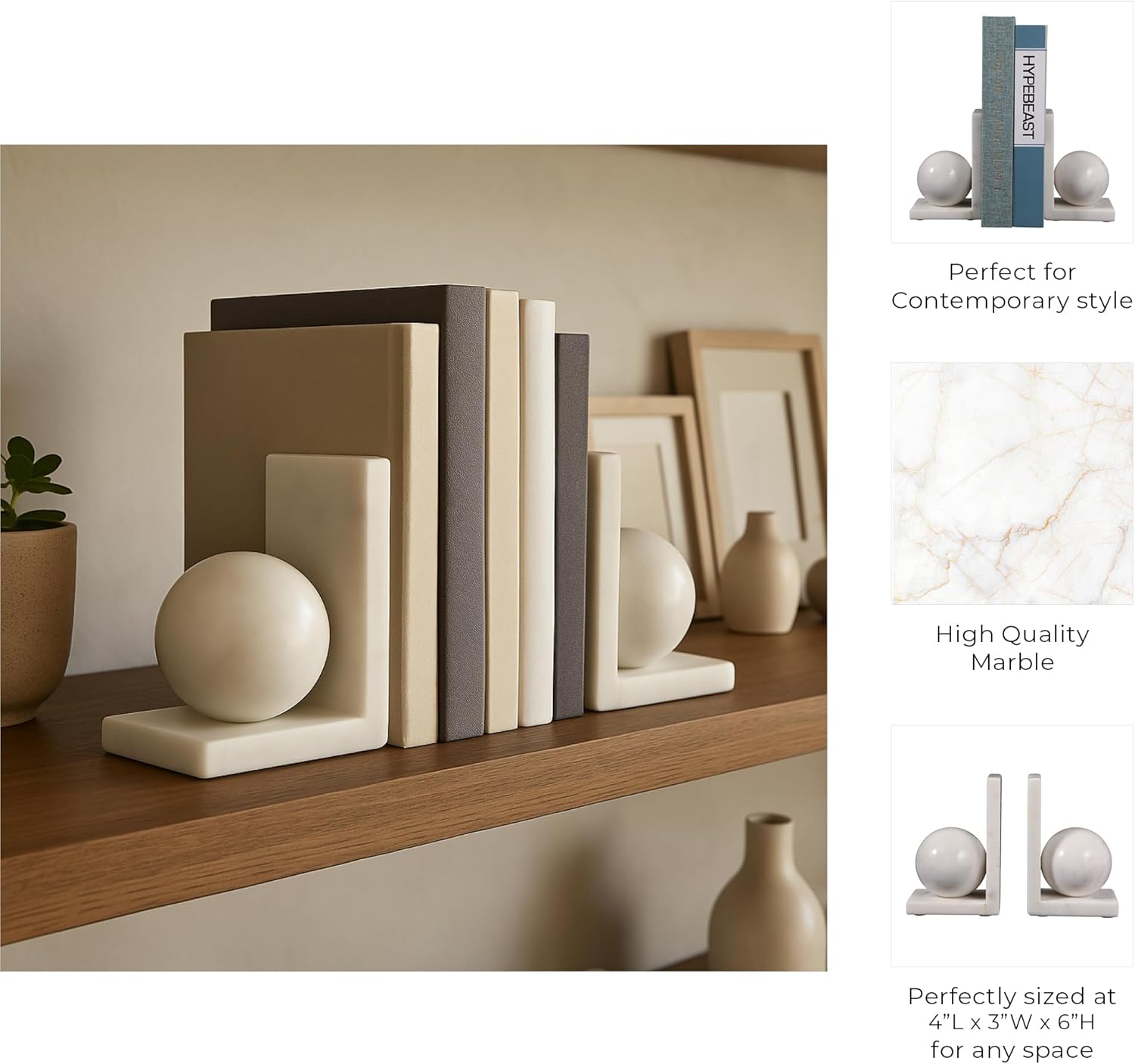 Stylish Orb Marble Book Ends for Home Decor Accent - Decorative Book Accessories for Bookshelf or Office Space - Modern Bookend for Home Library, Desk, or Coffee Table Decor - Set of 2, 6", White