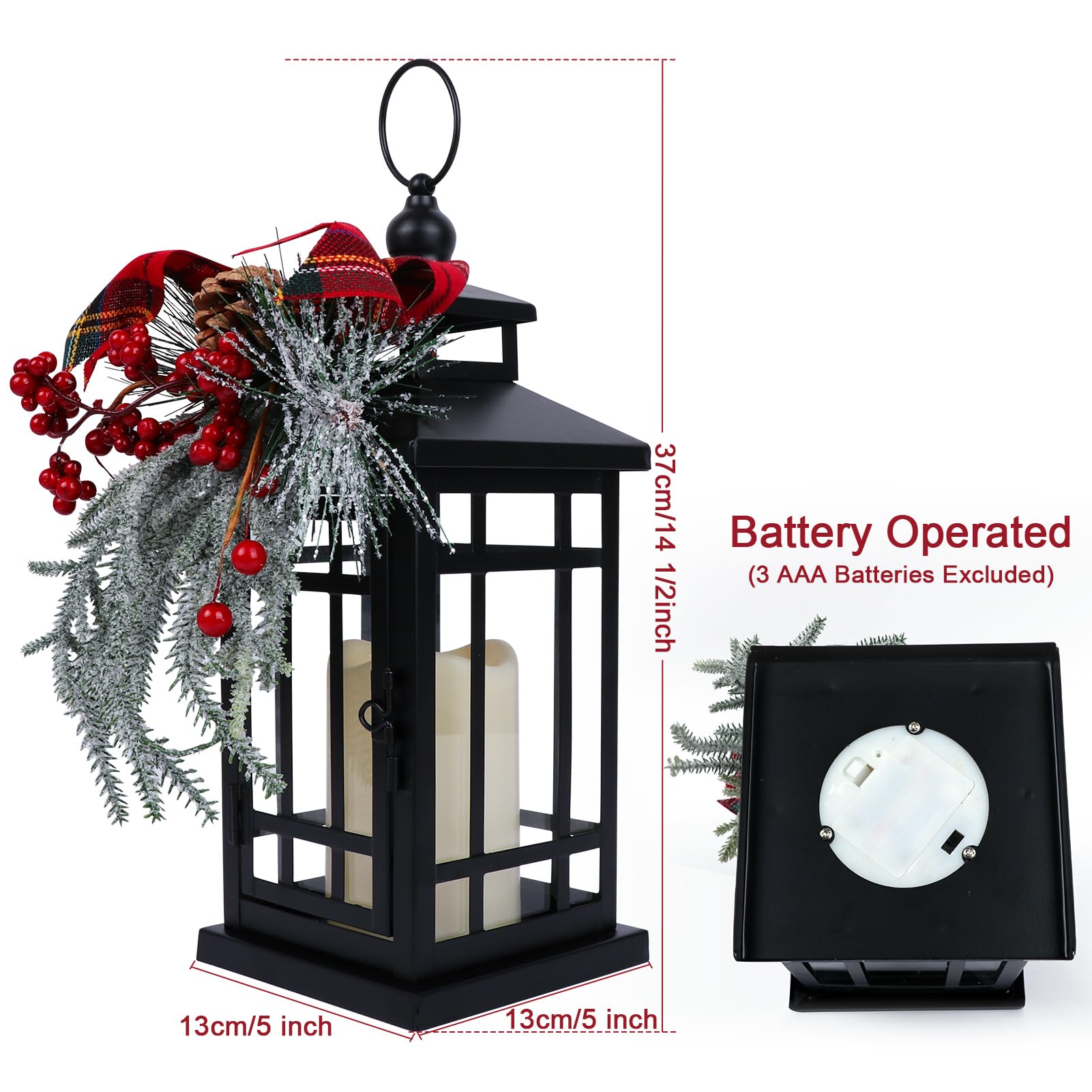 Paquete de 2 faroles de vela de Navidad de 14 pulgadas, linterna decorativa de Navidad colgante con adorno de Navidad para mesas de interior y hogar, chimeneas, patio al aire libre