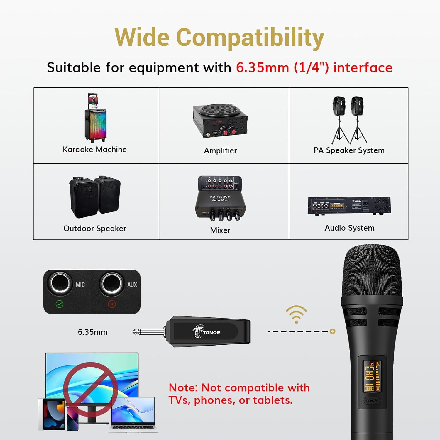 TONOR Wireless Microphones, Dual UHF Karaoke Microphone System, Microfonos Inalambricos with Rechargeable Receiver, Cordless Dynamic Mics Set for Singing, Party, 60 m/200ft TW320, 2 Mics Black - Image 4