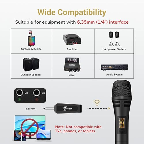 Miniatura 4 de TONOR - Micrófonos inalámbricos, sistema de micrófono de karaoke dual UHF, Microfonos Inalambricos Profesional con receptor recargable, micrófono