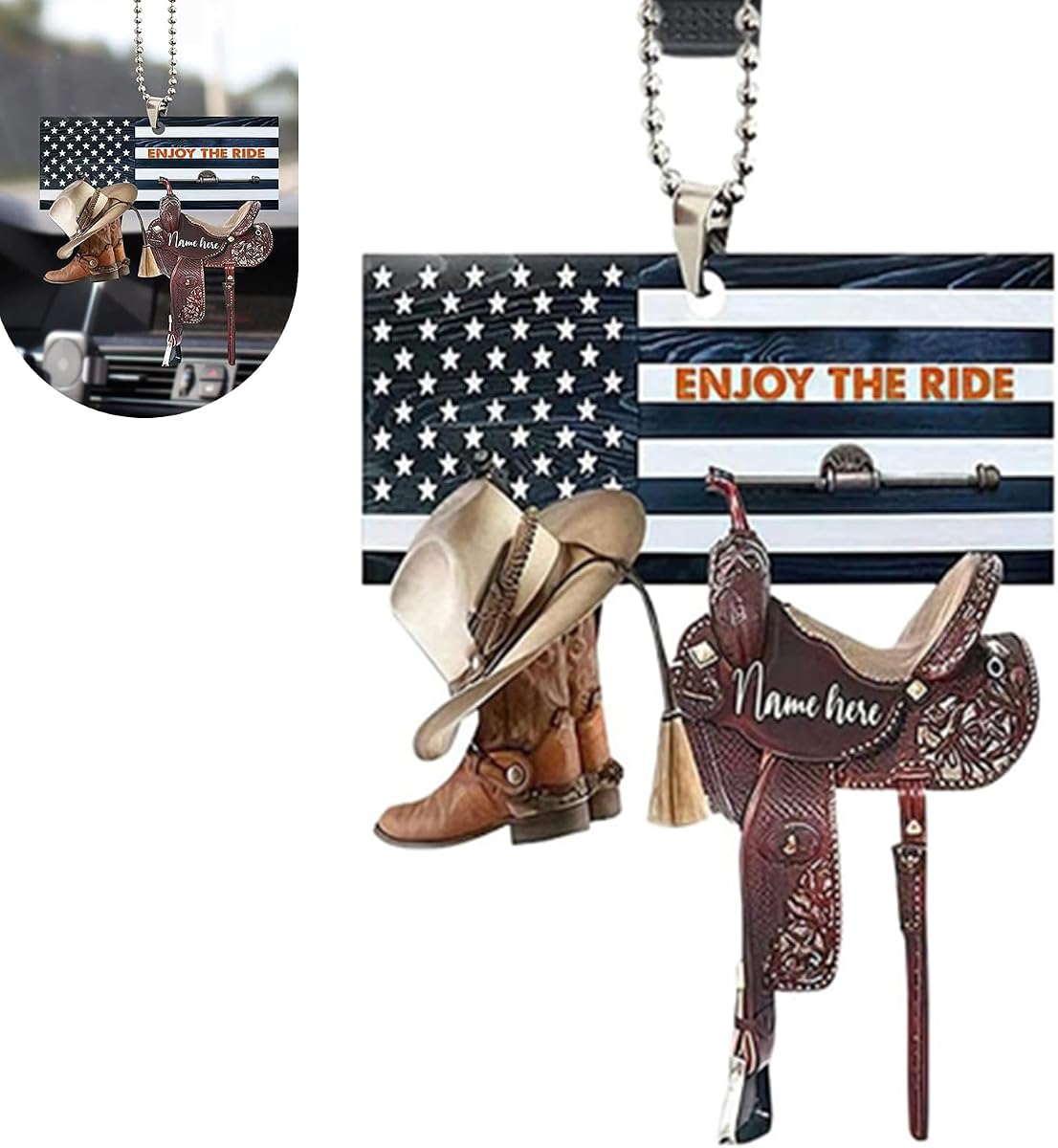 Colgante de espejo retrovisor de coche, adorno colgante de sombreros de botas de vaquero de acrílico, colgante de espejo retrovisor interior con tema de vaquero occidental de 3.15" x 1.97" con bandera americana, decoración universal para automóviles (#2)