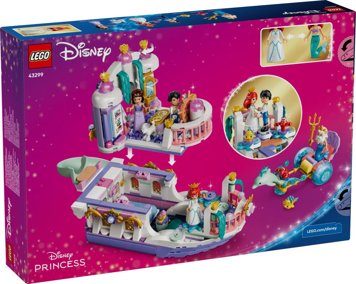 LEGO | Princesas Disney Barco de la Boda Real de Ariel – Juguete de La Sirenita con 7 Figuras Inc. Ariel y Sebastián – Decoración del Dormitorio – Regalo para Niñas de 6+ Años y Fans – 43299