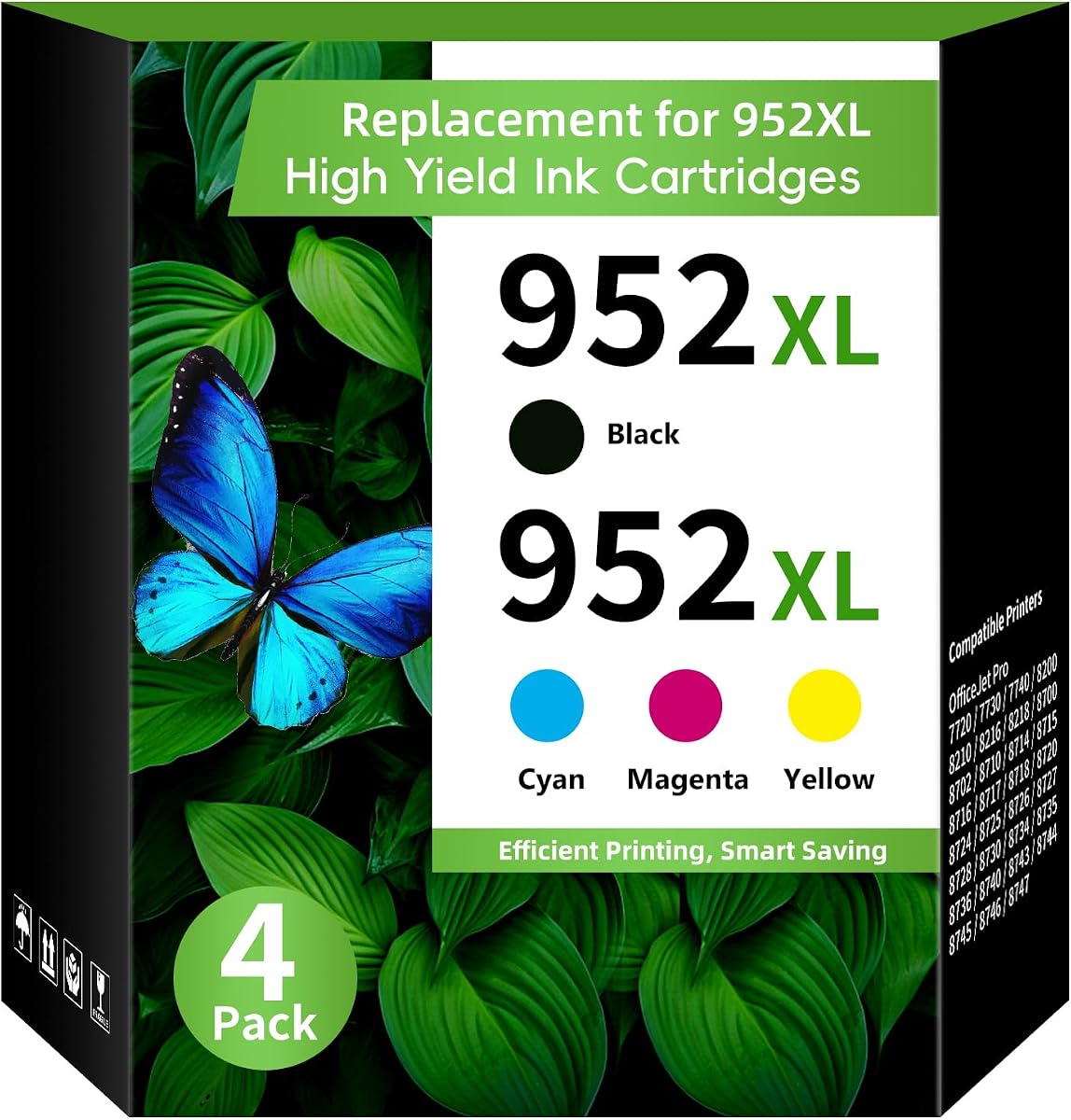 952XL Pack (4-Pack,BK,CMY) Replacement for HP 952XL Ink Cartridges Combo Pack HP Ink 952XL Black and 952 Color Combo Pack for hp printers OfficeJet 8702 Pro 8710, 7740, 8720, 8725, 8210, 8740,8715