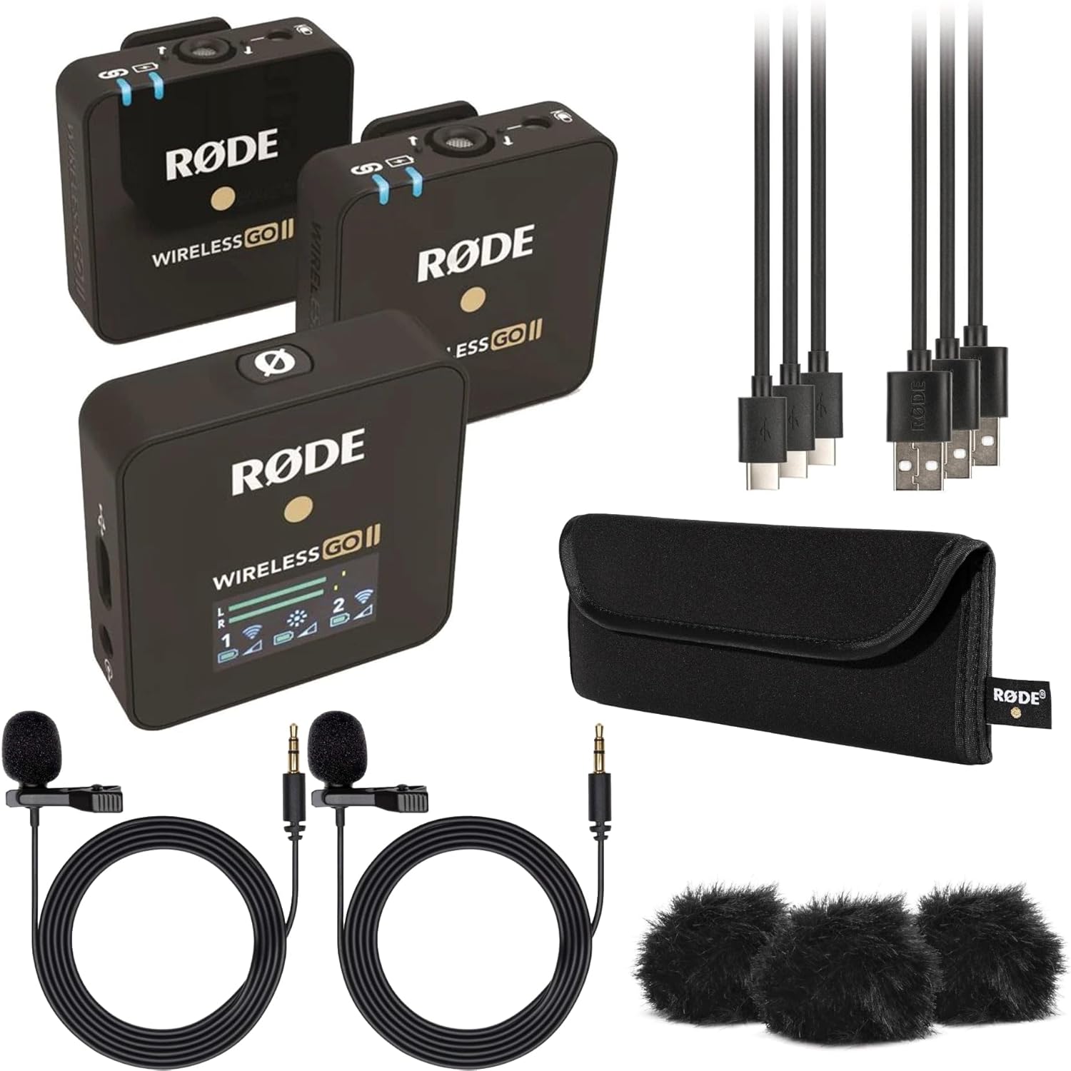 RØDE Wireless Go II Dual Channel Wireless System with Built-in Microphones with Analogue and Digital USB Outputs, with 2X Transmitter, Bundle with 2X Turnstile Audio Lavalier Microphone