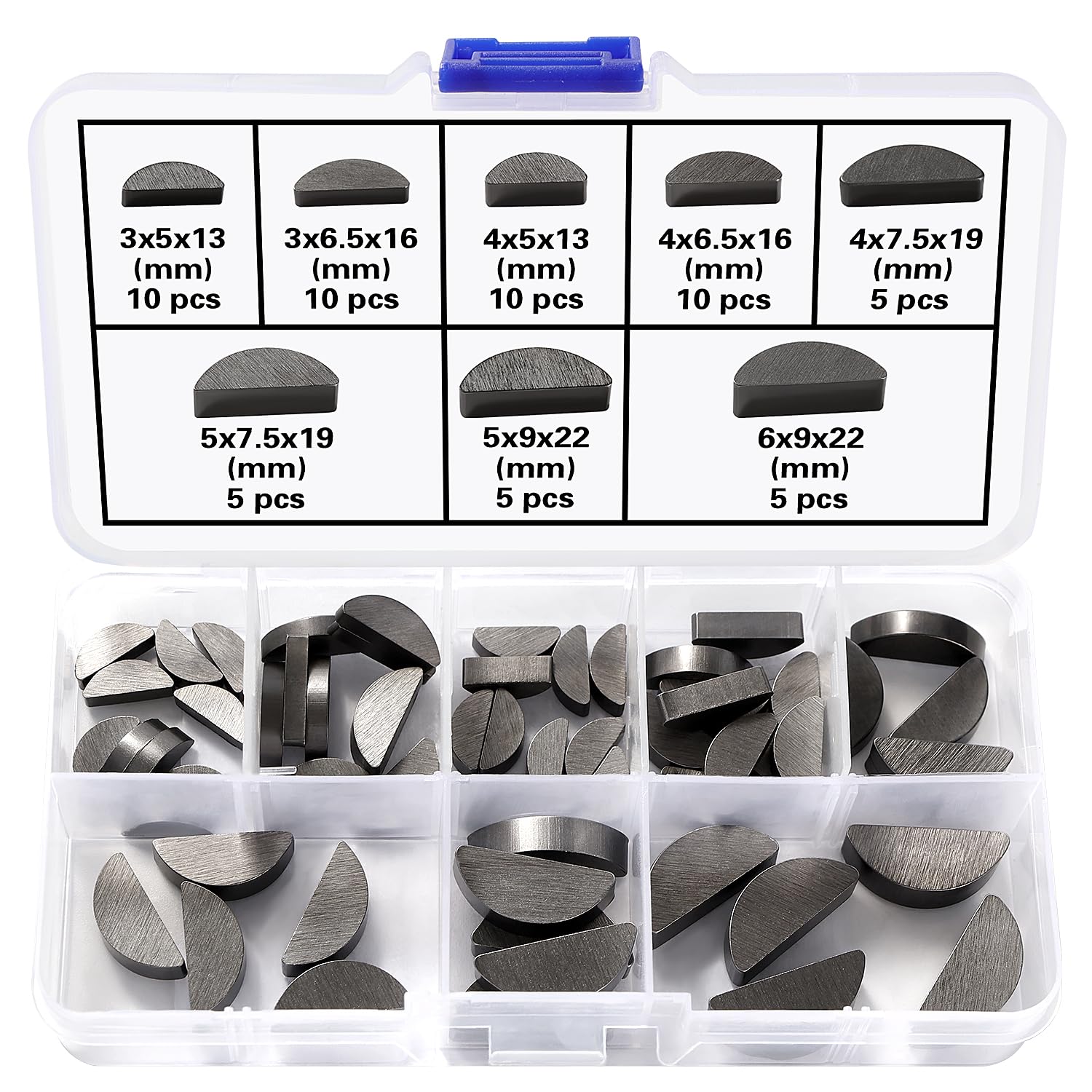 Lyeteung 60 PCS 8 Sizes 3-4-5-6 mm Woodruff Key Assortment Kit, Carbon Steel Woodruff-Key, Feather Key Assortment