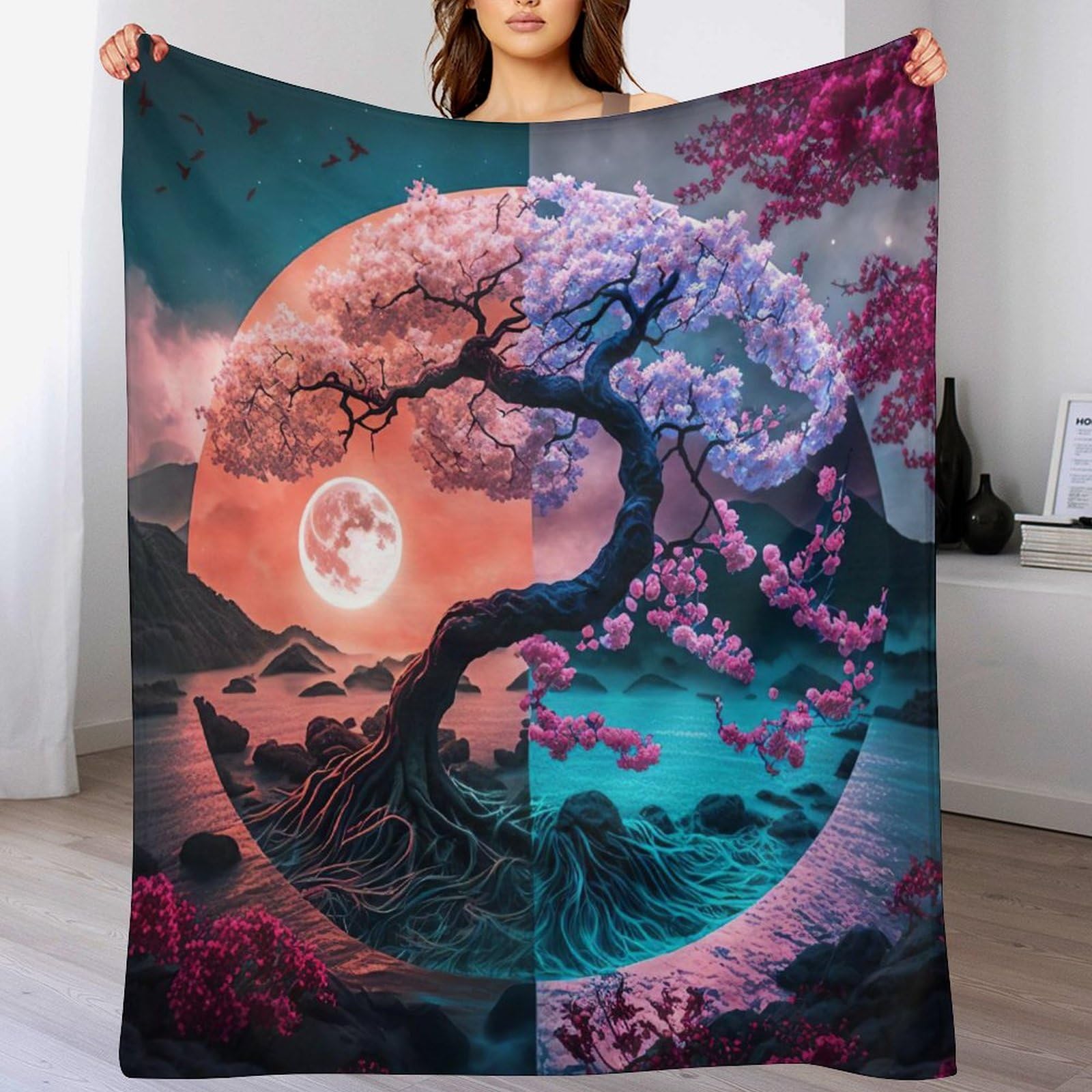 Couverture flannel polaire art japonais cerise tree 100x130cm plaid canapé