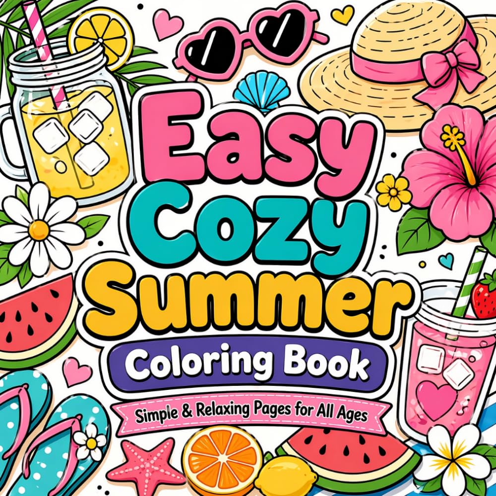 Easy Cozy Summer Coloring Book: Size 8.5*8.5 | Pages 104 | 50 Bold and Easy Designs Featuring Cute Animals, Beach Days, Fruits & Relaxing Summer Scenes | Color Test Page Included