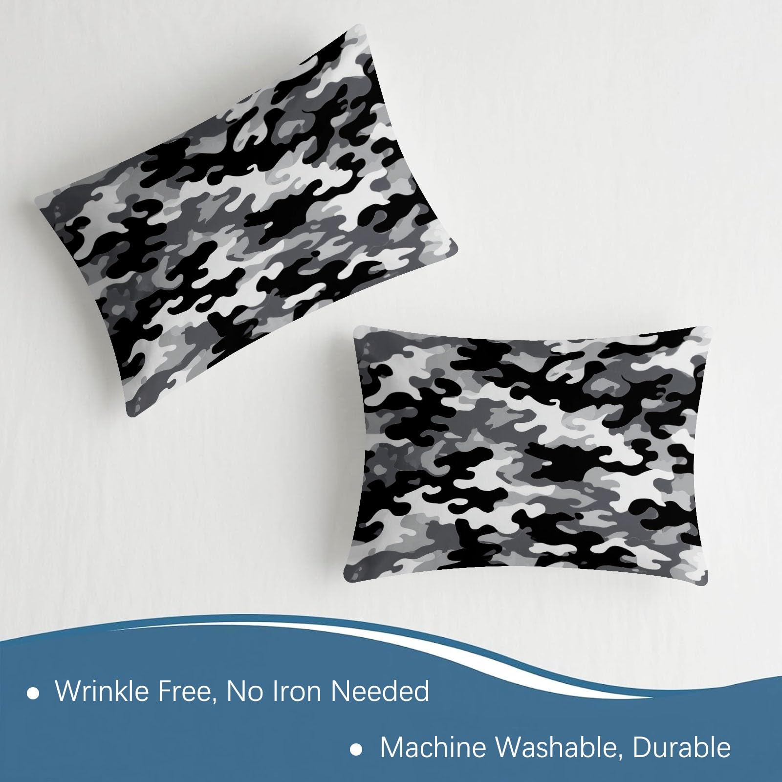 Juego de sábanas bajeras ajustables de 3 piezas, 180 x 200 cm, color negro y blanco, de camuflaje, de microfibra, suave, con 2 fundas de almohada de 80 x 80 cm, colchones de hasta 30 cm