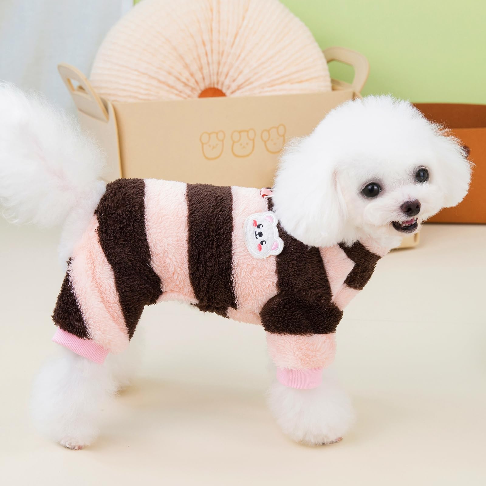 Izefia Dog Winter Warm Fleece Sweater - Rainbow Stripe, Brown, S - Small to Medium Dog & Cat, Small (Back length: 7.9 inches) - Image 4