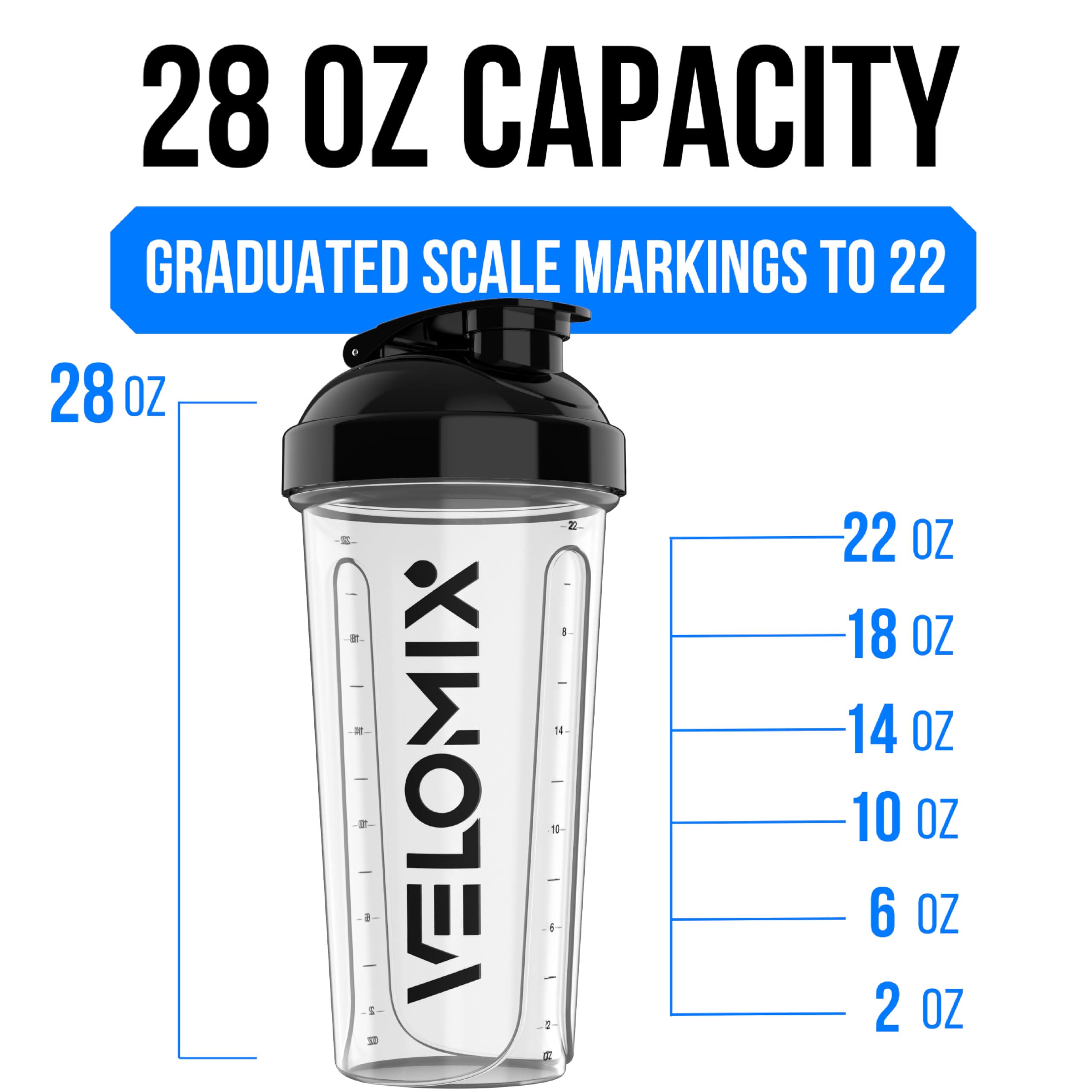 VELOMIX Protein-Shaker-Flasche für Proteinmischungen, auslaufsichere Shaker-Becher für Protein-Shakes, groß, stapelbar, Schwarz und Transparent, 6 Stück