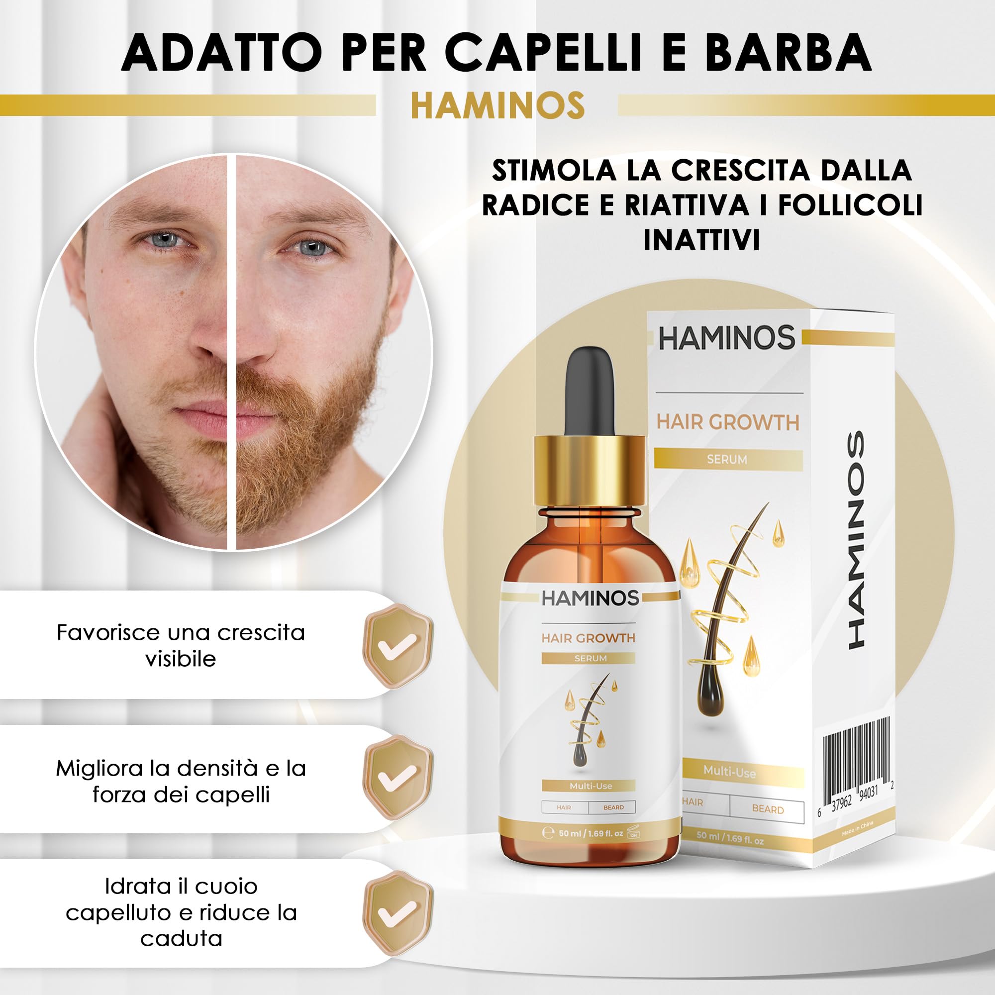 HAMINOS Siero Crescita Capelli con Rosmarino, Ginseng, Zenzero e Peptidi – Stimola e Rinforza – Anticaduta e Rivitalizzante - FORMULA UNICA (50 ml)