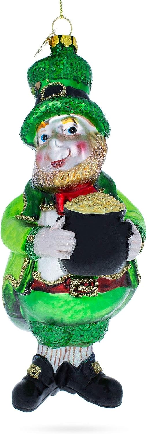 Leprechaun with Pot of Gold Glass Christmas Ornament