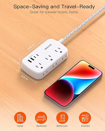 Miniatura 5 de BESHON - Cable de extensión plano de 15 pies, tira de alimentación de enchufe plano con USB C, cable de extensión de enchufe plano ultrafino, 6