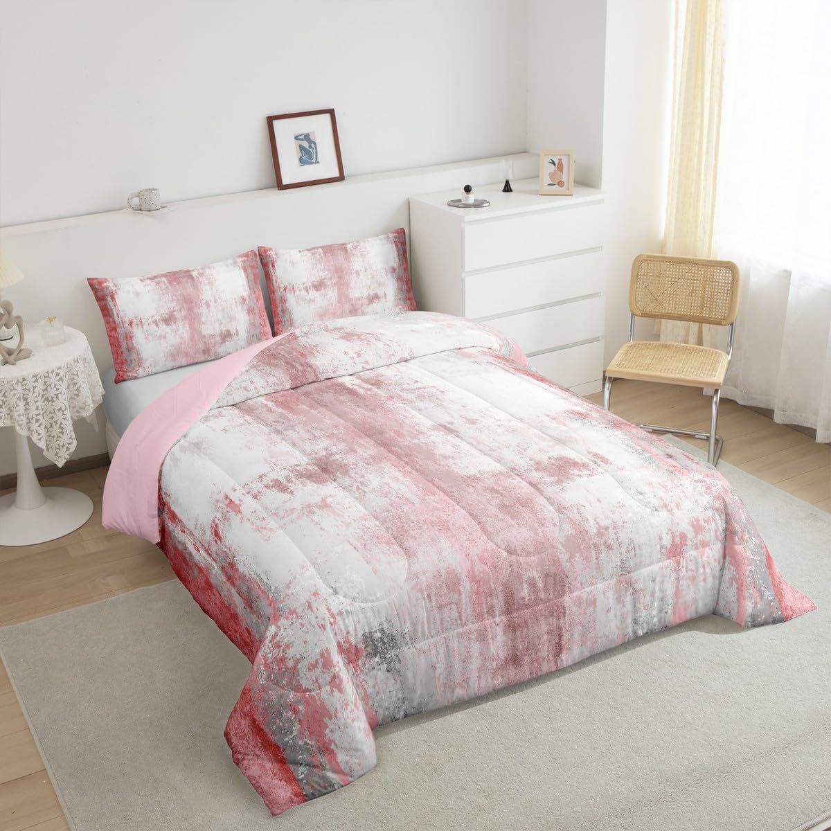 Erosebridal Girls Pink Oil Painting Comforter Set Queen Size Tie-Dye Abstract Duvet Quilt for Children Women Retro Dreamy Grunge Ombre Comforter Lightweight Soft Bedding Set