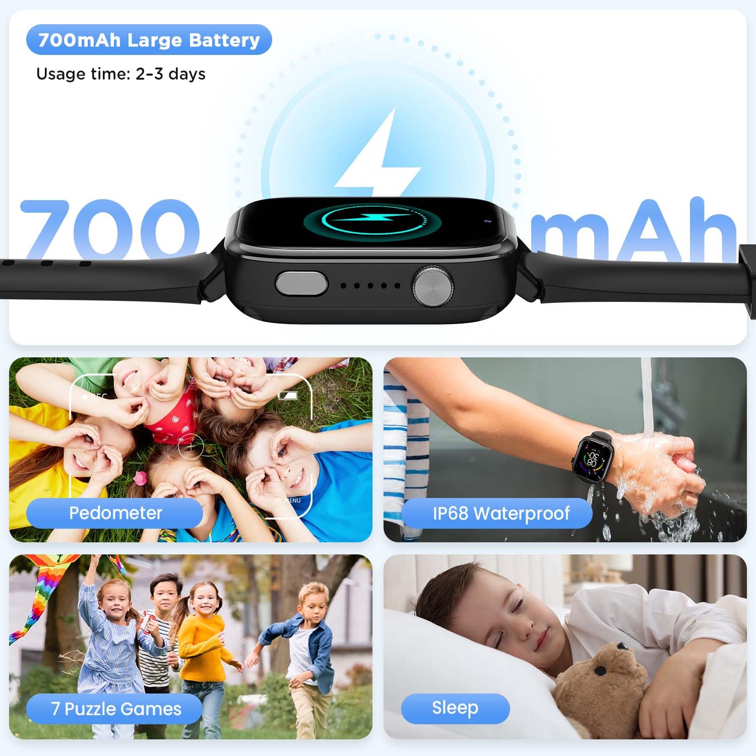 4G Montre Connectée Enfant GPS, Smartwatch Enfant avec Appel Vidéo, SOS, SMS Chat Vocal, Mode École, Podomètre, Réveil, Suivi du Sommeil, IP68, Montre Telephone pour Garçons et Filles Cadeau, Noir