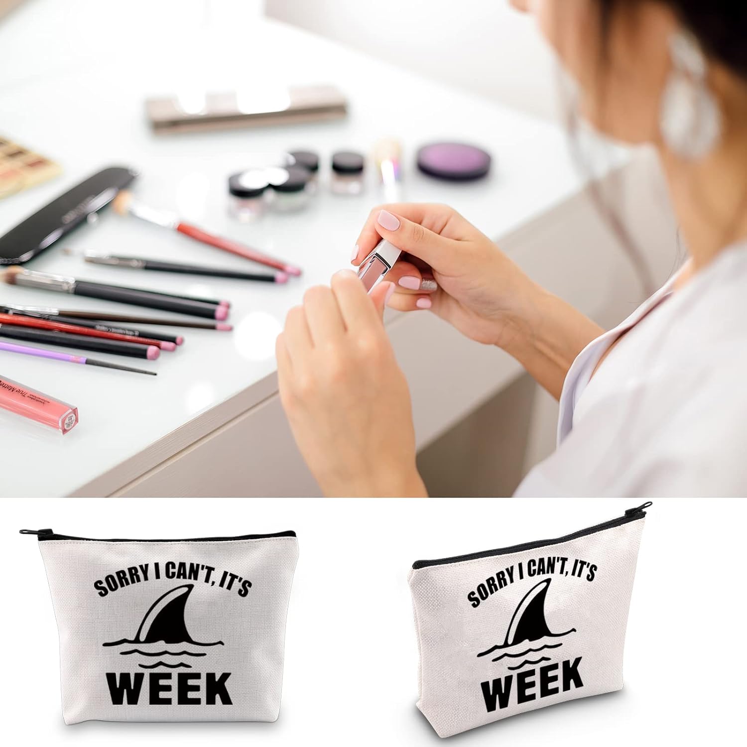 BLUPARK Funny Shark Makeup Bag Shark Lover Gift Sorry I Can't It's Week Cosmetic Bag for Women (It's Week) - Image 4
