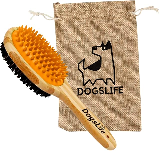 Bamboo Dog Brush with Silicone Massager for Dog Grooming | Massaging & Bathing | Free Reusable Eco-friendly Bag | Proven Double Sided Pet Brush Perfect For Long, Medium & Short Haired Dogs.