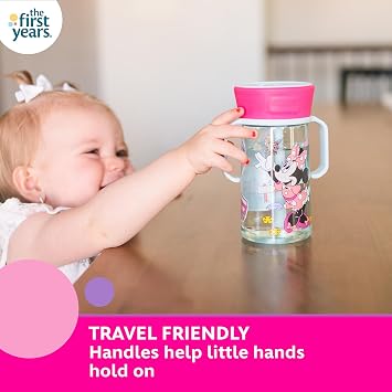 The First Years Disney Minnie Mouse Pop Up Toddler Straw Cup - Dishwasher Safe Toddler Water Bottle with Spout - Transition Sippy Cups for Toddlers - 14 Oz - Ages 12 Months and Up
