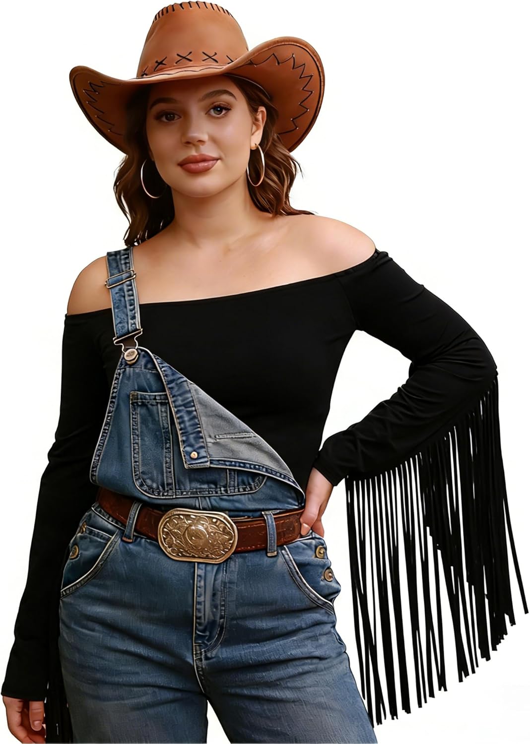 Women Western Cowgirl Fringe Tops,Off The Shoulder Stretchy Fall Long Sleeve for Country Concert Outfit - Image 2