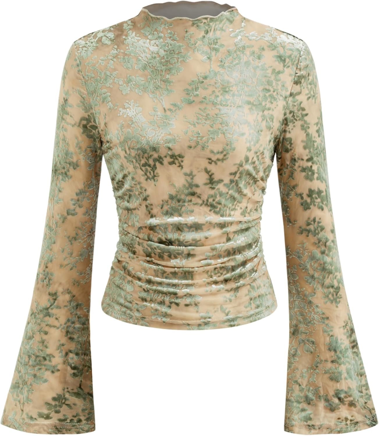 CIDER Going Out Tops for Women Floral Mesh Top Long Bell Sleeve Ruffle Neck Ruched Slim Fit Top Trendy Fall Spring