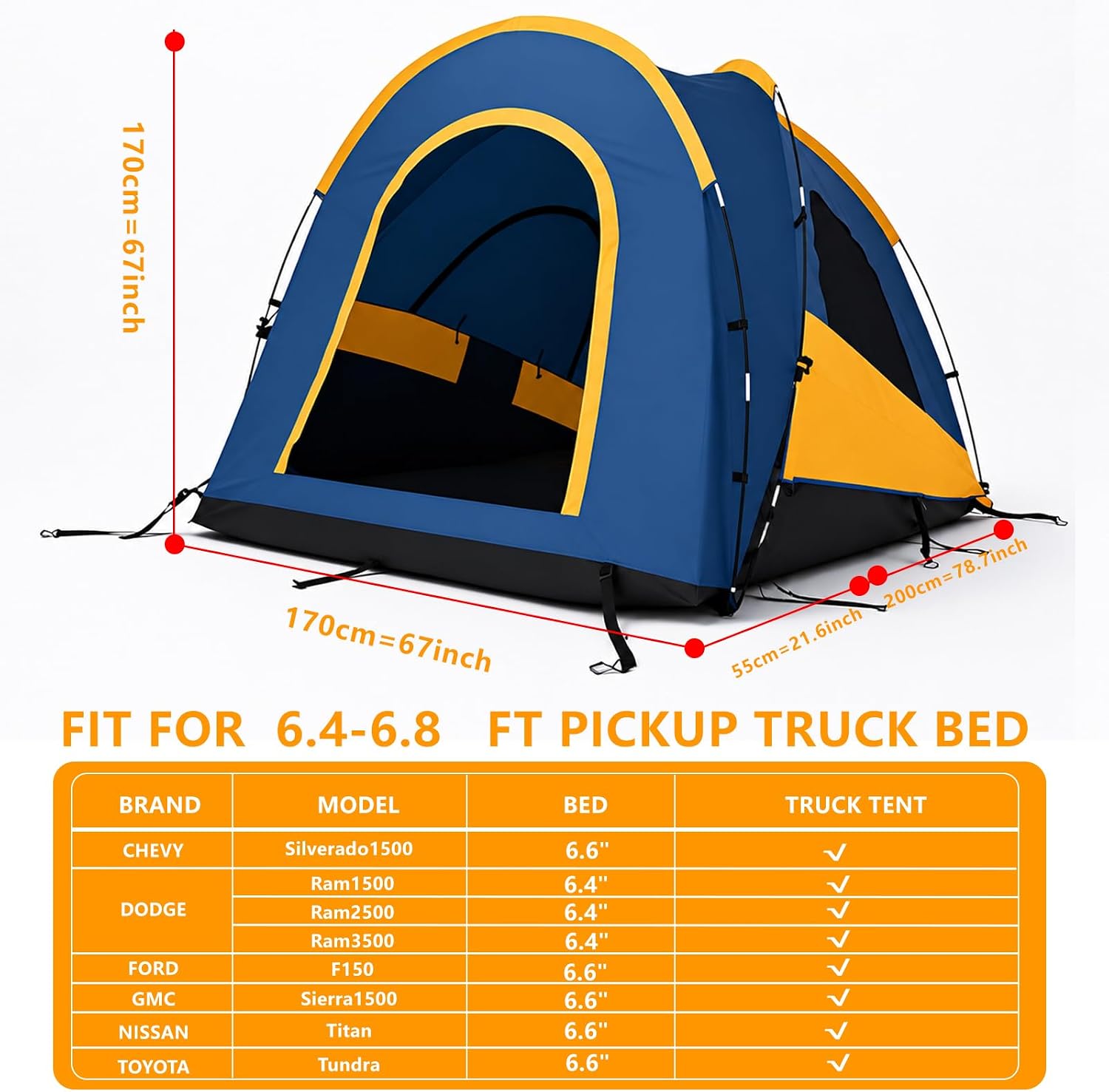 OPP ULITE Truck Tent Easy to Setup, Waterproof PU2000mm Double Layer 5.5-5.8 FT Camping Travel Outdoor Activities Portable 2 Person Sleeping Pickup Bed for Silverado 1500 Ram 1500 F150 Sierra 1500