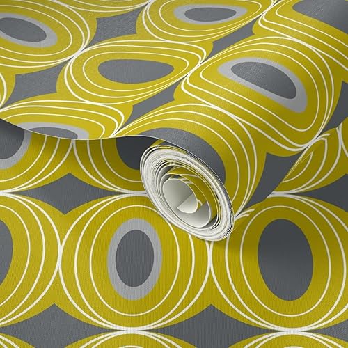 Miniatura 2 de Peel & Stick Wallpaper 9ft x 2ft - Retro Geometric Mid Century Modern Yellow Gray Scale Geo Circles Vintage Custom Removable Wallpaper by Spoonflower