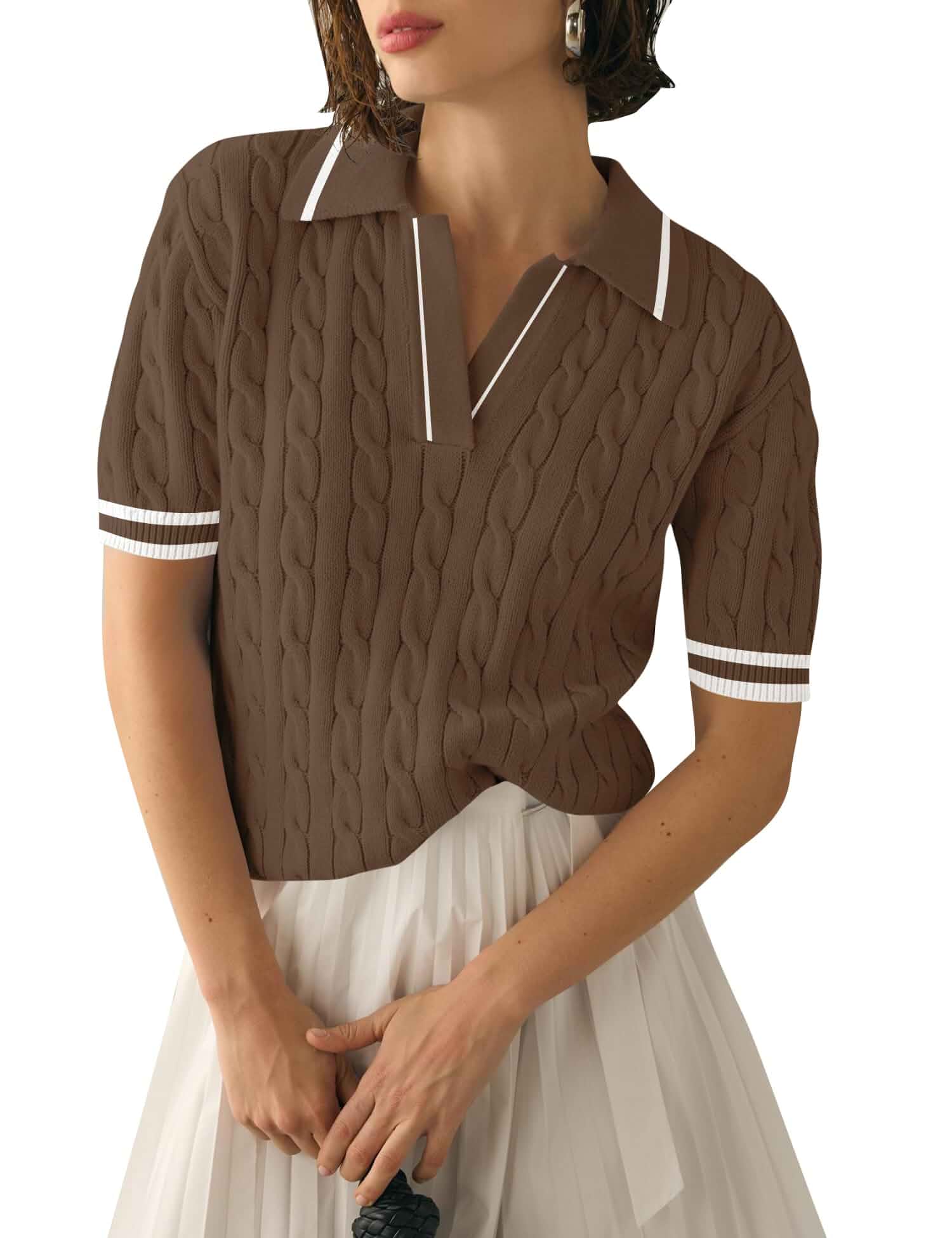 Micoson Womens Short Sleeve Sweater Tops Lapel V Neck Polo Shirts 2026 Summer Cable Knit Loose Blouses, Business Casual Outfits