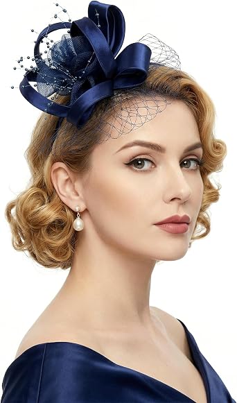 Ishua 20s Fascinators Hat for Women Tea Party Floral Headpiece Mesh with Hair Clip for Wedding Bridal Navy Blue