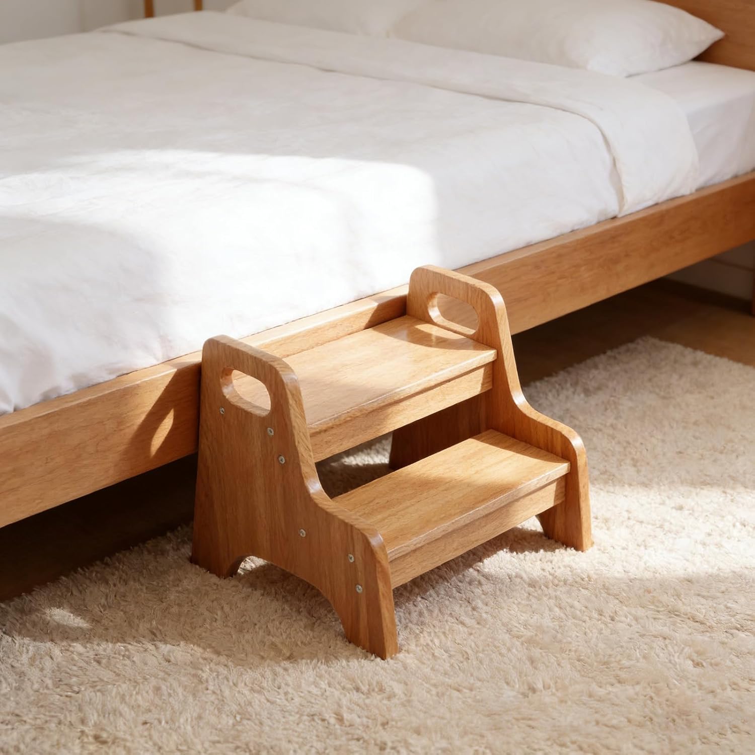 Step Stool for Kids，Wooden Toddler StepStool with Handles, 2-Steping Stool for Kitchen & Bathroom Sink, Perfect for Potty Training and Bed Beside,300 lbs Capacity Stairs(Cherry Brown)