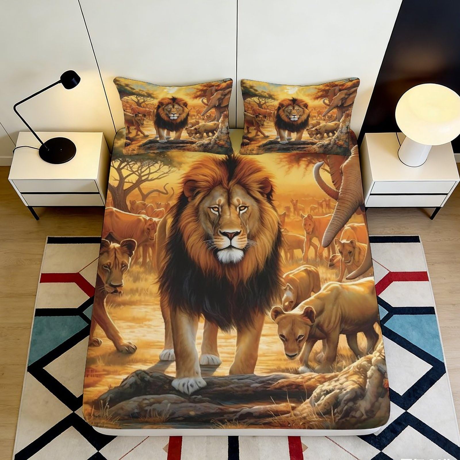 3D Printed Lion Savannah Fitted Sheet Microfiber Soft Anti-Slip Safari Wildlife Bed Cover for Bedroom Dorm Decor 116 90x200x25cm