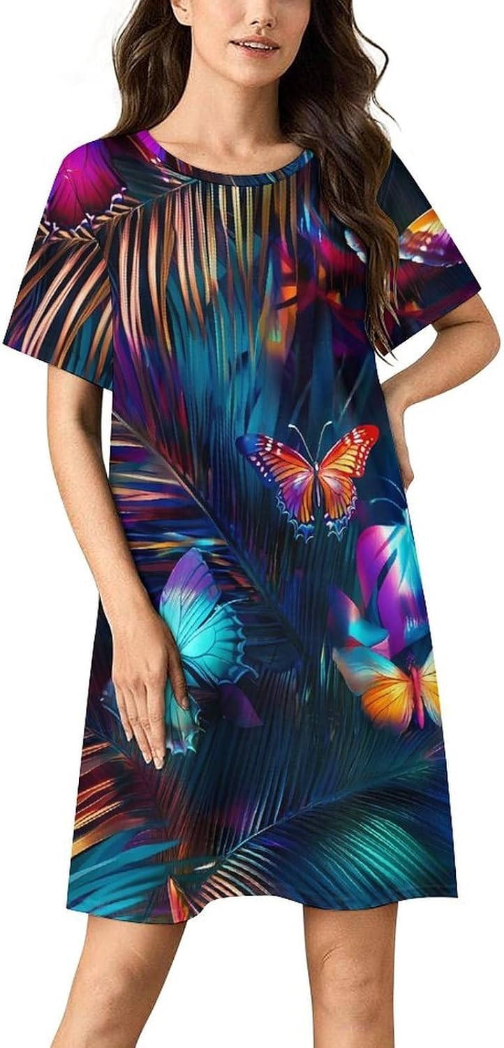 Abstract Butterfly1 Palm Nightgowns for Women Short Sleeve Sleep Dress Casual Sleepshirt Night Gowns Pajamas