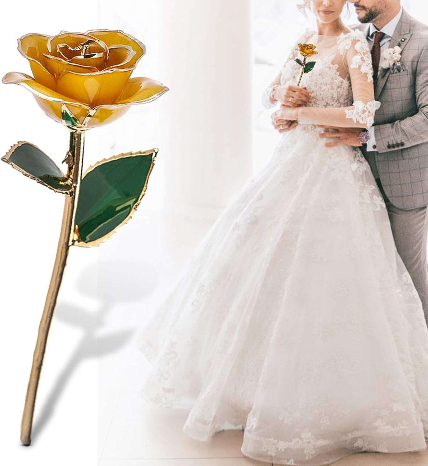 Ejoyous Mothers Day Rose Gifts, 24K Gold?Plated Handmade Green Leaf with Base, Artificial Forever Preserved Rose Flower for Wedding Decoration Mothers Day Valentine's