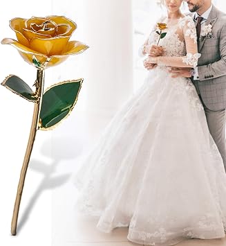 Gold Dipped Rose 24k Yellow Rose, Long Stem Gold Plated Real Rose with Base, Romantic Gifts for Valentine's Day and Anniversary