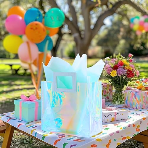 Miniatura 26 de Bolsa de regalo holográfica con papel de seda, reutilizable, bolsa de regalo de cumpleaños para mujeres y niñas, iridiscente, despedida de soltera