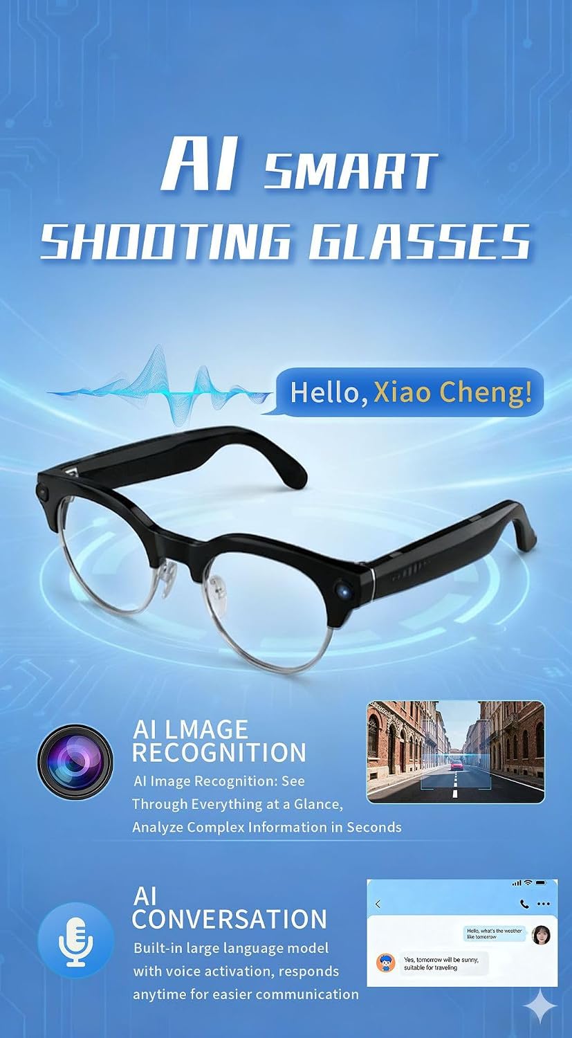 V03-T8 smart Glasses 8 Million Pixel Photography Bluetooth Call AI Real-time Translation Recognition Video Recording (Transparent)