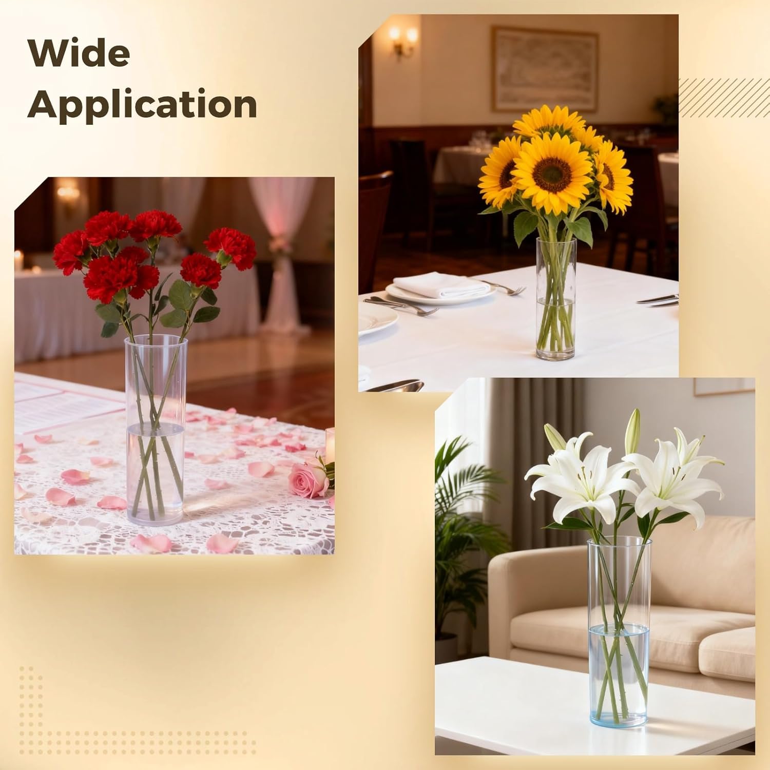 3 PCS Clear Plastic Cylinder Vases for Centerpieces - 3 Sizes Shatter-Proof Large Tall Flower Hurricane Vases for Home Office Decorations, Transparent Decorative Table Vases for Floral Arrangements