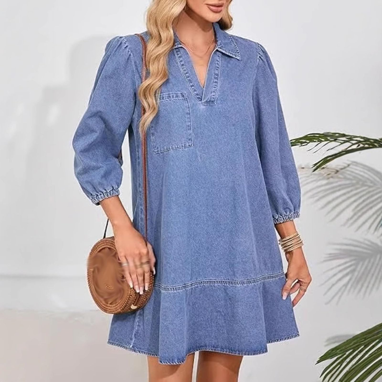 Abito Camicia in Denim da Donna - Scollo a V Manica a Sbuffo Design a Strati con Tasche, Abito Estivo Casual Sciolto con Maniche a 3/4