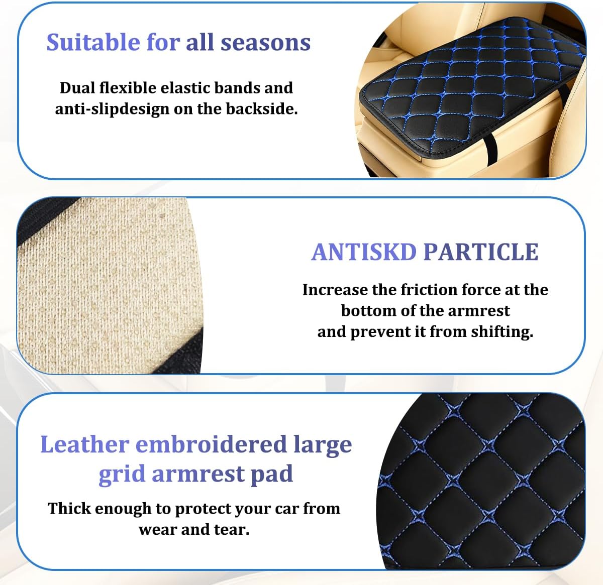 Zpana Car Center Console Cover, PU Leather Vehicle Arm Rest Protector Cushion, Comfortable & Waterproof Automotive Armrest Seat Box Pad Accessories, Universal for Most Vehicles (Black/Blue) image 3