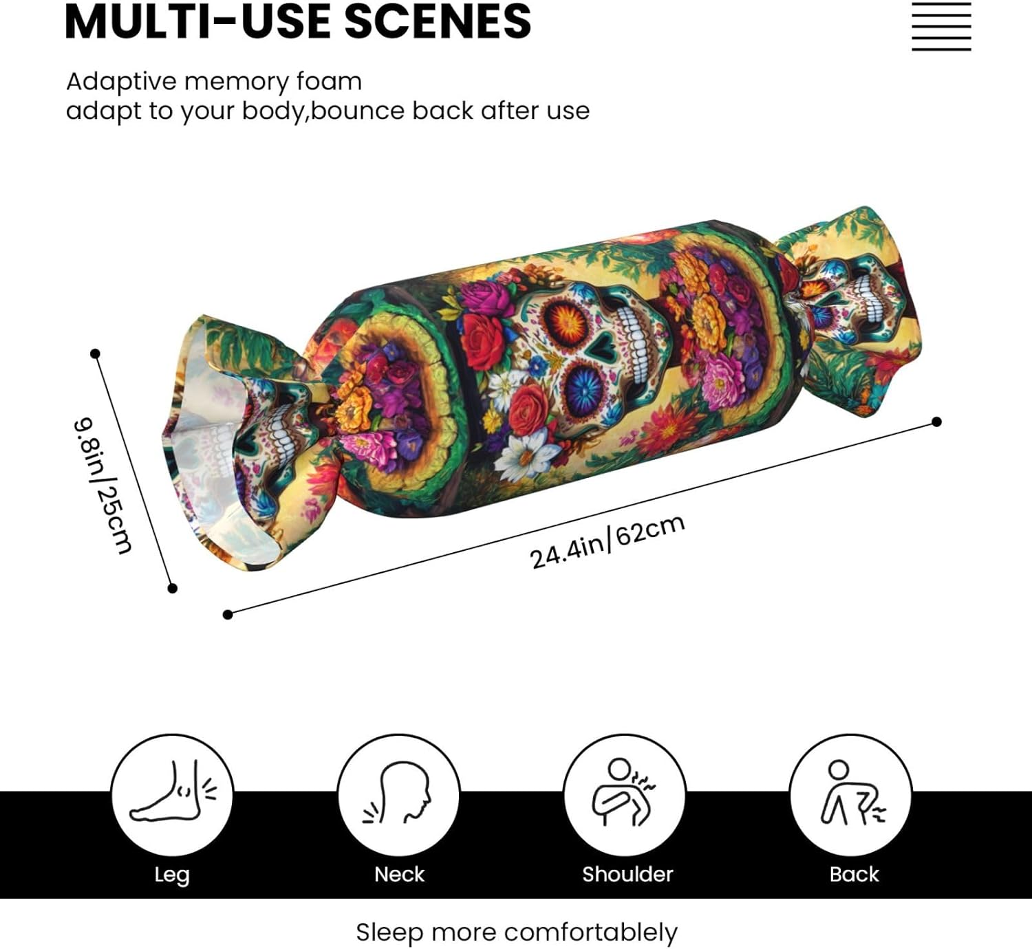 Colorful Flower Skulls Print Candy Cylindrical Eco-Friendly Pillow Soft Velvet Living Room Bedroom Travel Decor