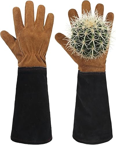 HANDLANDY Guantes de jardinería de cuero para mujer, a prueba de espinas, guantes largos de rosa (negro-marrón, talla M (paquete de 1))