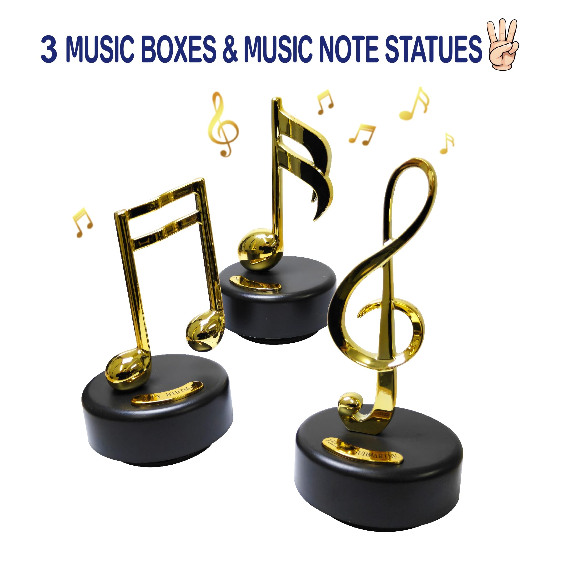 Boîte à musique Note de musique – 3 statues dorées, cadeau décoratif, joue le sous-marin jaune, joyeux anniversaire, son de la musique