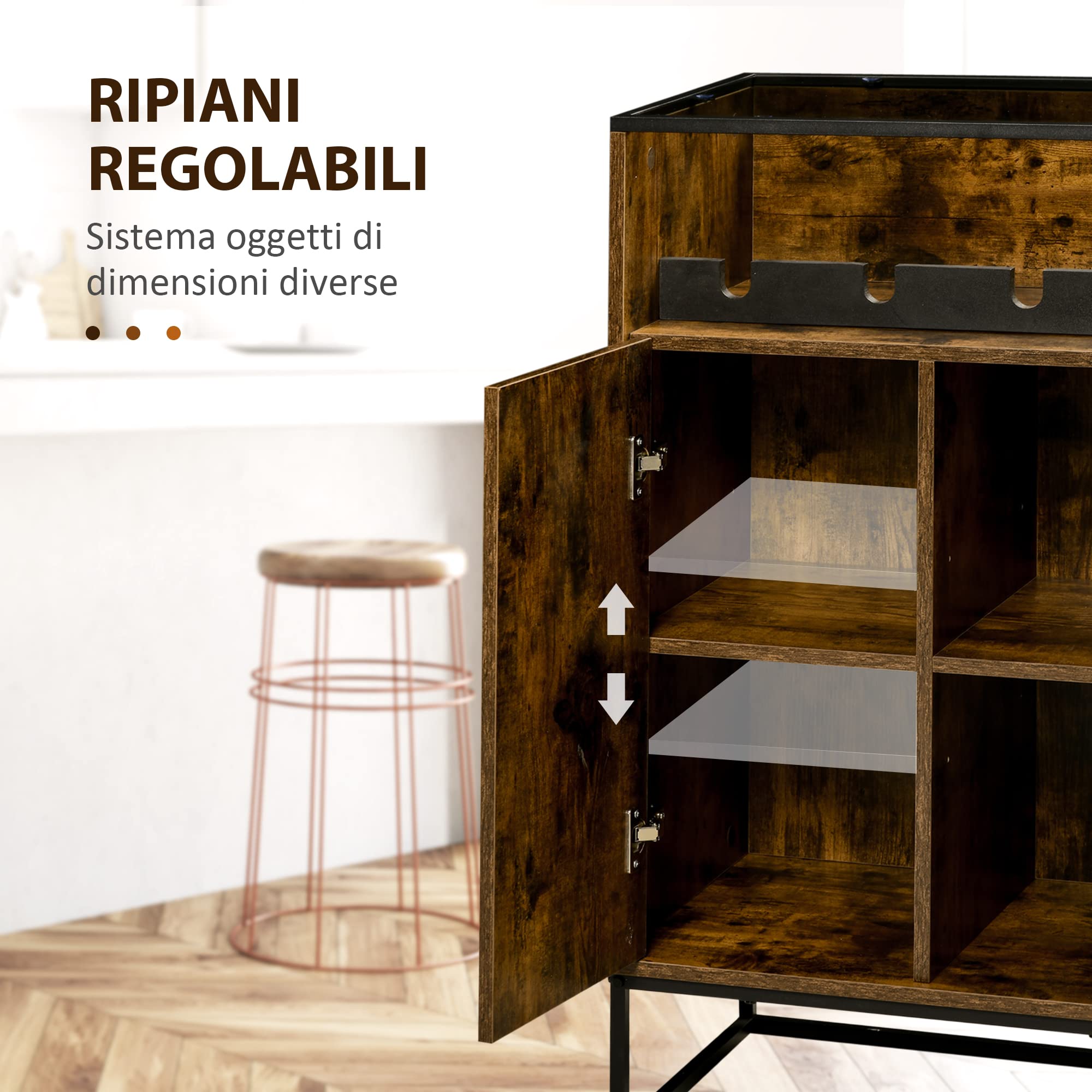 HOMCOM Mobile Multiuso da Salotto con Portabottiglie, Vani Aperti e Armadietto, Mobiletto Porta Vini Stile Industriale, 60x40x100cm, Marrone