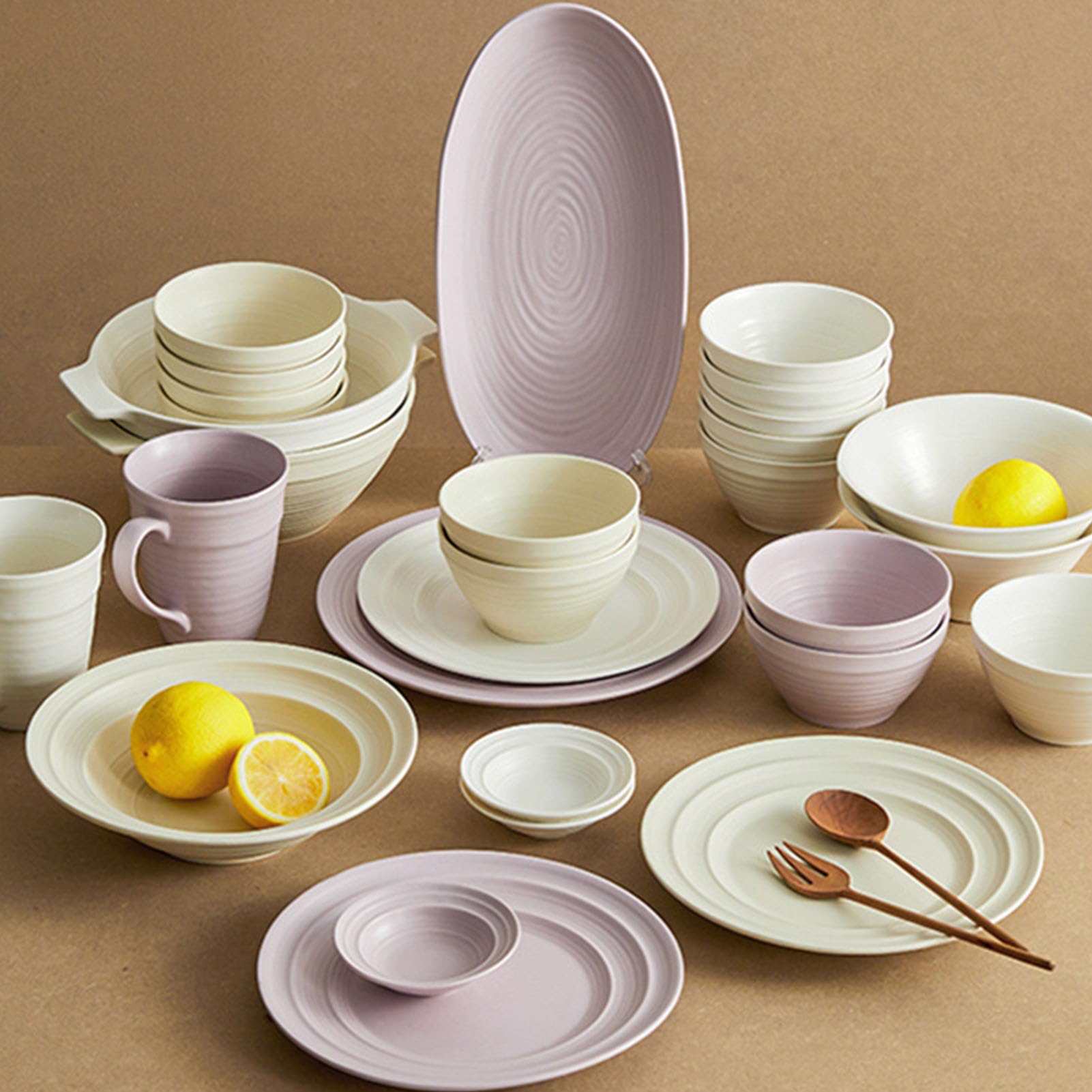 Service de Table en céramique (10 pièces) : Bols et Assiettes Beige Pastel et Lavande, Vaisselle élégante pour Les Repas Quotidiens