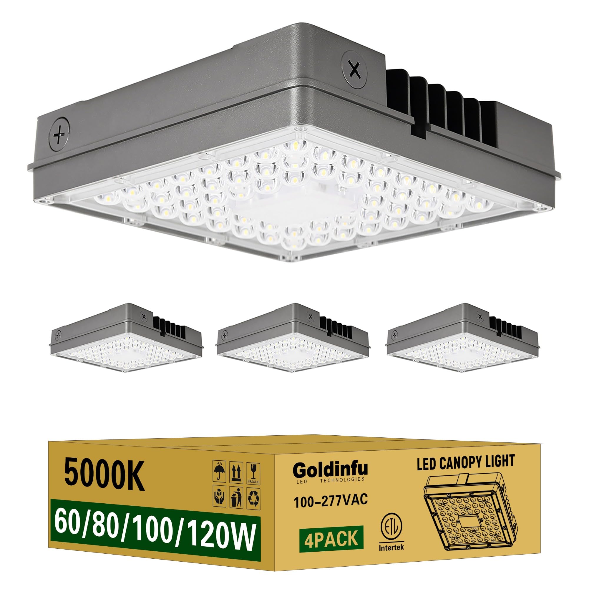 120W LED Canopy Light 4Packs 60 80 100 120W Selectable 5000K 18000LM Commercial LED Canopy Lights Outdoor IP65