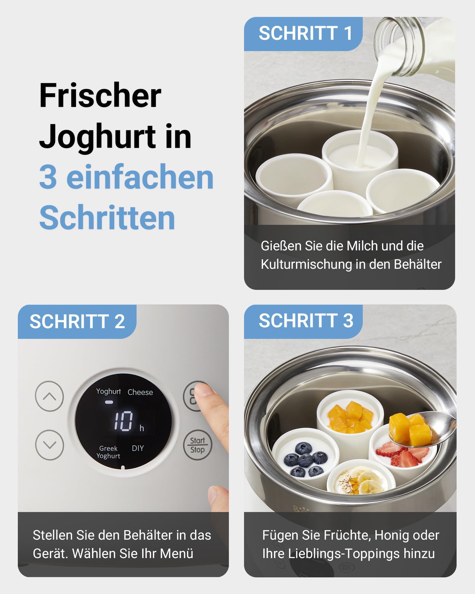 Bear Joghurtbereiter Joghurt- und Frischkäsebereiter, inkl. 4 Keramik Portionsbecher à 125 ml, 2 XXL Glasbehälter à 1 Liter, 4 voreingestellte Programme für Griechischer Joghurt, Käse