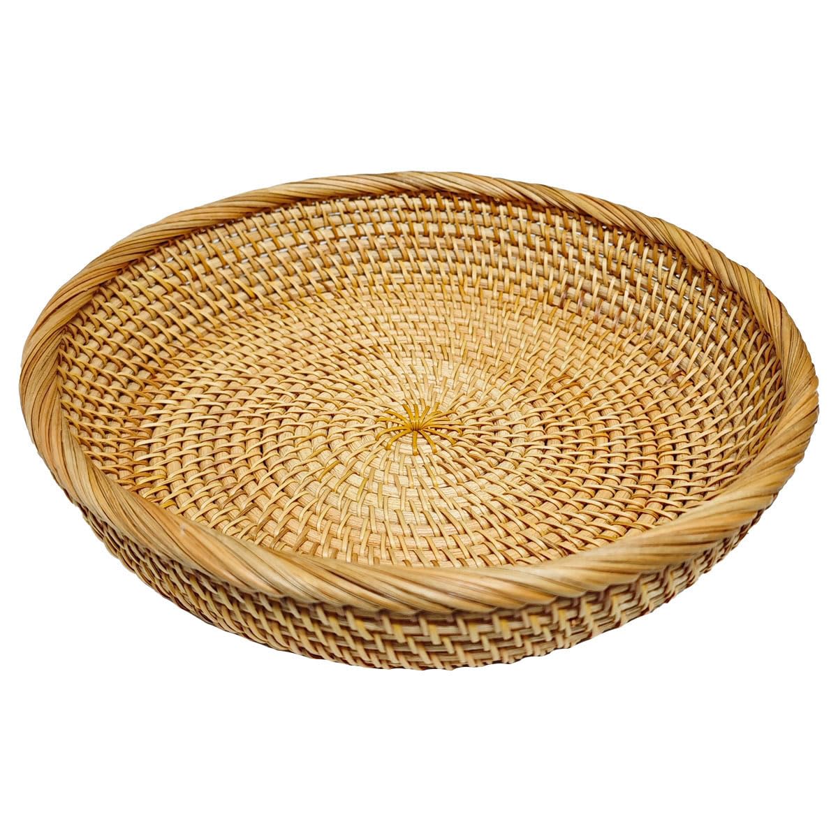 RT&BS Rattan Fruit Basket, Round Rattan Bread Basket, Natural Wicker Key Tray, Natural Wicker Decorative Tray, Handwoven Baskets for Storage Bread, Fruit, Snacks, Candy, Keys, Small items (L)