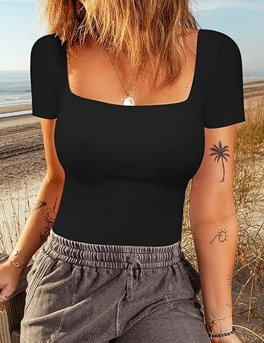 Miniatura 6 de Chunpin Body sexy de manga corta con cuello cuadrado para mujer, con doble forro y tanga ajustada