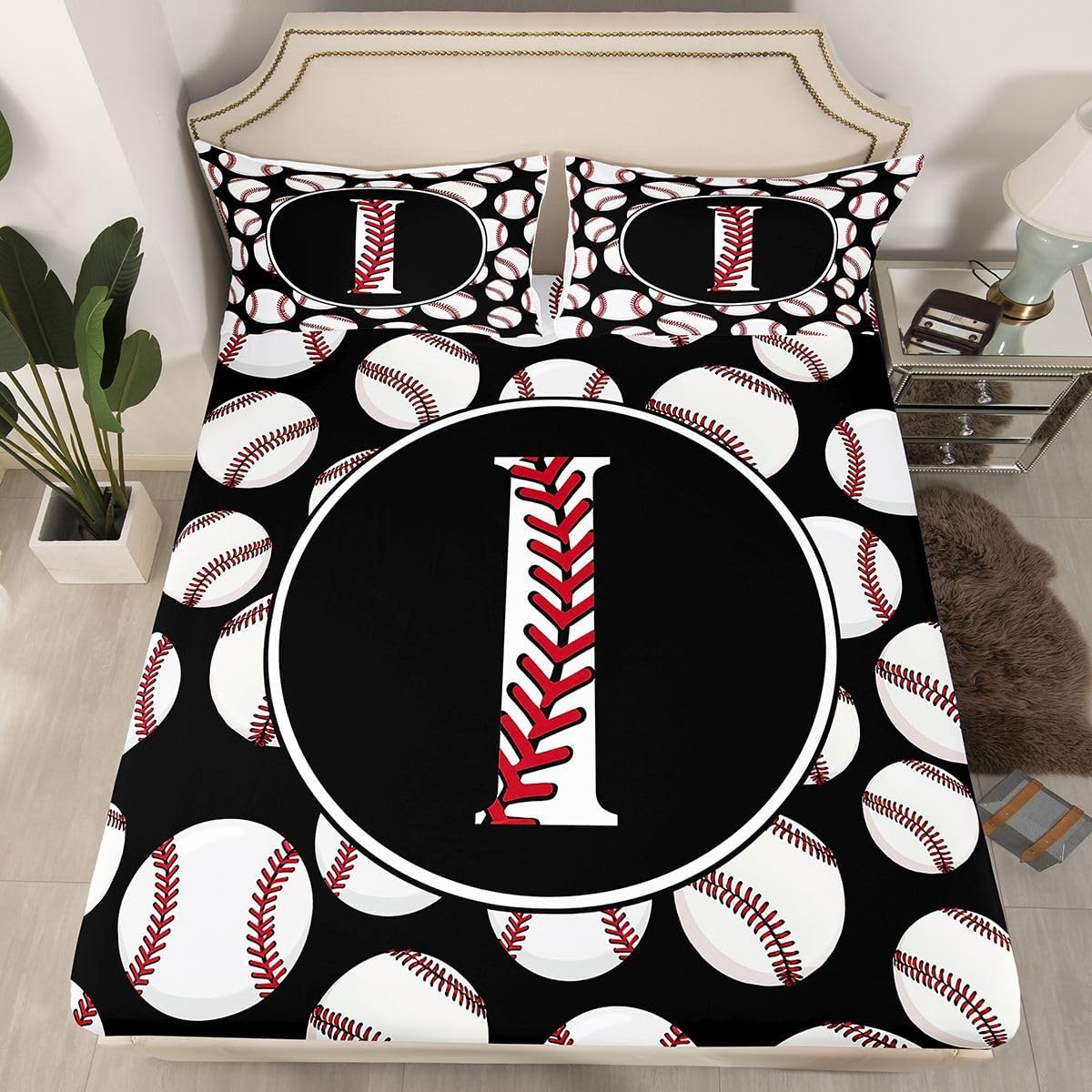 Erosebridal Alphabet Letter I Bed Sheets Full for Bedroom Decor - Sport Baseball Fitted Sheet Baseball Laces Personalized Initial Bedding Set,Cool Monogrammed Bed Cover 3 Pcs