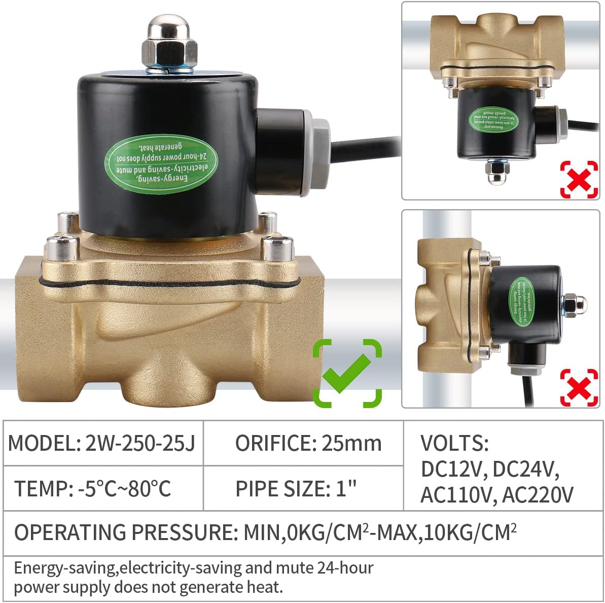 Baomain 1 inch DC 24V Brass Electric Solenoid Valve Water Air NC Energy-saving Normal Closed Valve 2W-250-25J